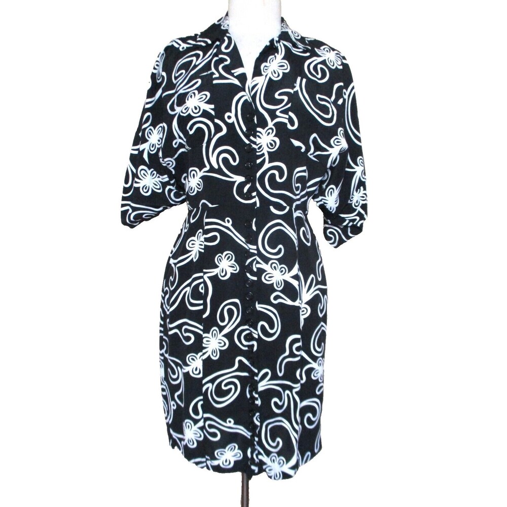 Vintage NORMA KAMALI Dress Small Women Black White Print Rayon Short Dolman Slv